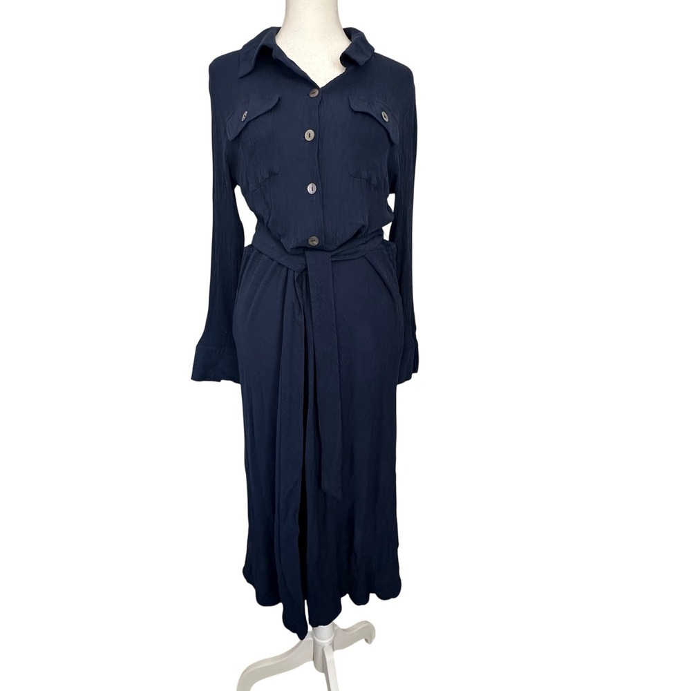 Soft Surroundings Shirt Dress W PM Navy BLong Sleeve Crinkle Midi Modest Minimal